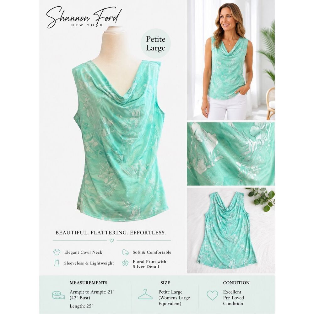 Shannon Ford New York Petite Large Seafoam Green Floral Sleeveless Top Cowl Neck